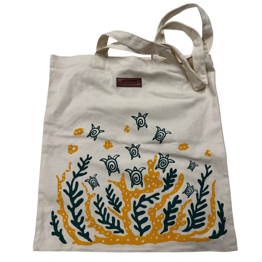 Sand Cloud Sea Turtle Coral Reef Canvas Tote Bag Cream Yellow Green Beach Bag
